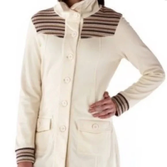PRANA Women's Rowen Jacket Cream Waffle Knit Yoke Mid Length Fleece Coat Size S - Picture 2 of 12